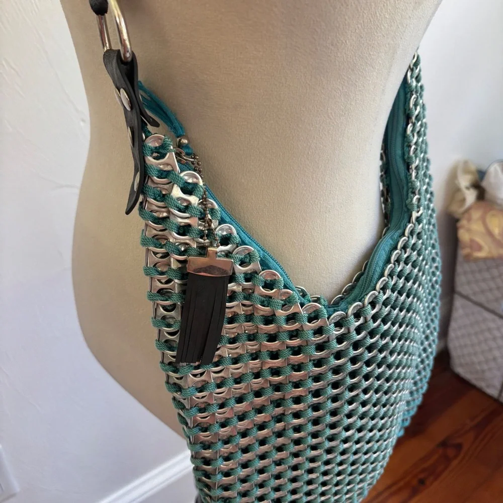 Escama Studio Soda Pop Tab Shoulder Bag Teal Crochet Chainmail Hobo Purse Silver